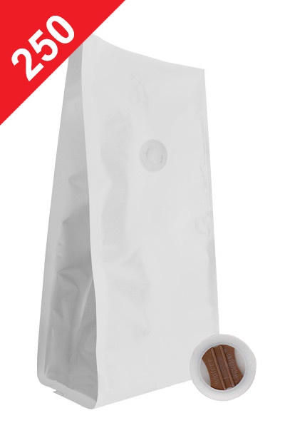 Vrecká na kávu s ventilem Stabilo, 250g, matná bílá barva, 100x250x60