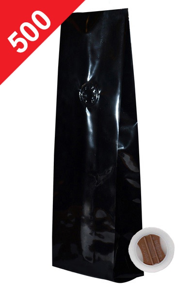 Vrecká na kávu s ventilem Klasik, 500g, lesklá černá barva, 100x330x55