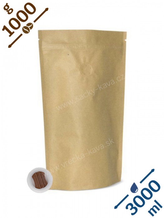 Vrecká na kávu se ZIPem a ventilem, 1kg, přírodní hnědá, 210x380x110