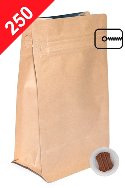Vrecká na kávu s plochým dnem ZIPem a ventilem, 250g, přírodní hnědá, 120x200x80