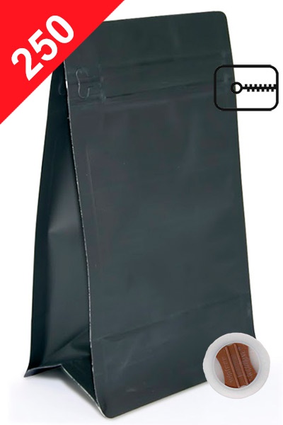 Vrecká na kávu s plochým dnem ZIPem a ventilem, 250g, matná černá, 120x200x80