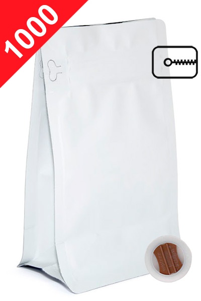 Vrecká na kávu s plochým dnem ZIPem a ventilem, 1kg, matná bílá, 155x340x90