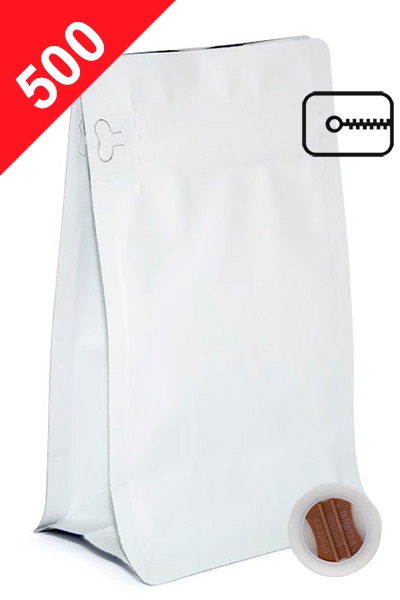 Vrecká na kávu s plochým dnem ZIPem a ventilem, 500g, matná bílá, 140x255x90