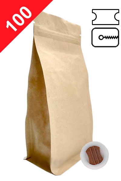 Vrecká na kávu s plochým dnem ZIPem a ventilem, 100g, přírodní hnědá, 100x200x60
