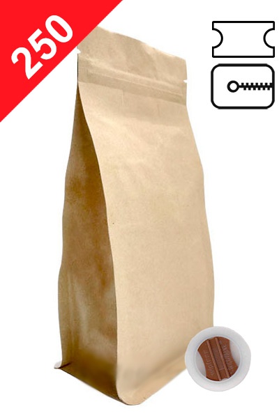 Vrecká na kávu s plochým dnem ZIPem a ventilem, 250g, přírodní hnědá, 140x240x60