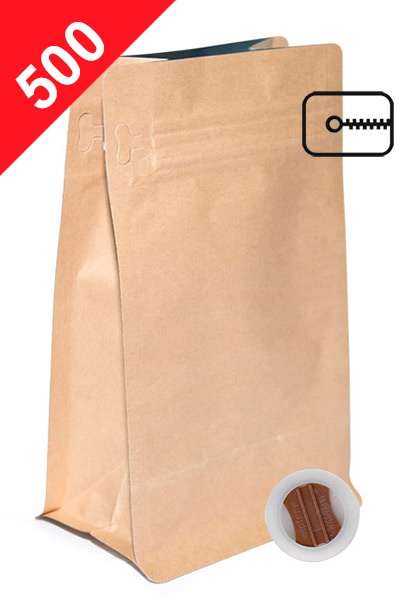 Vrecká na kávu s plochým dnem ZIPem a ventilem, 500g, přírodní hnědá, 130x255x90
