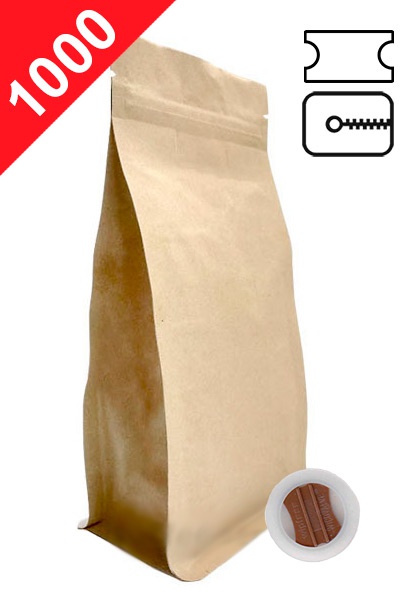 Vrecká na kávu s plochým dnem ZIPem a ventilem, 1kg, přírodní hnědá, 200x300x80