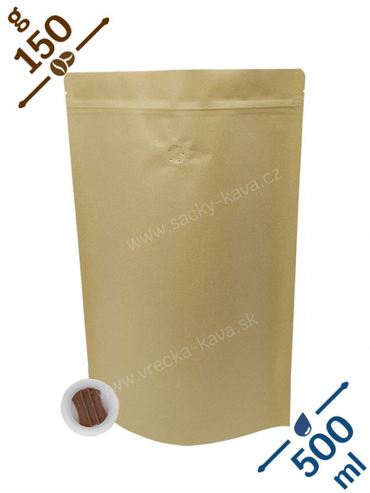 Vrecká na kávu se ZIPem a ventilem, 150g, přírodní hnědá, 130x210x80
