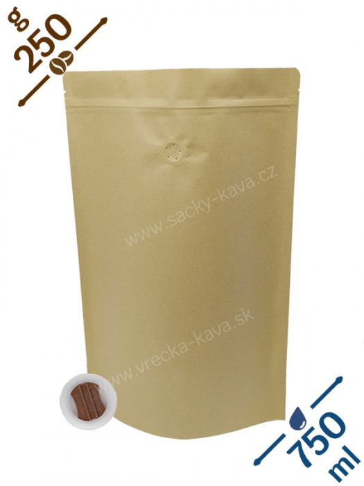Vrecká na kávu se ZIPem a ventilem, 250g, přírodní hnědá, 150x240x80