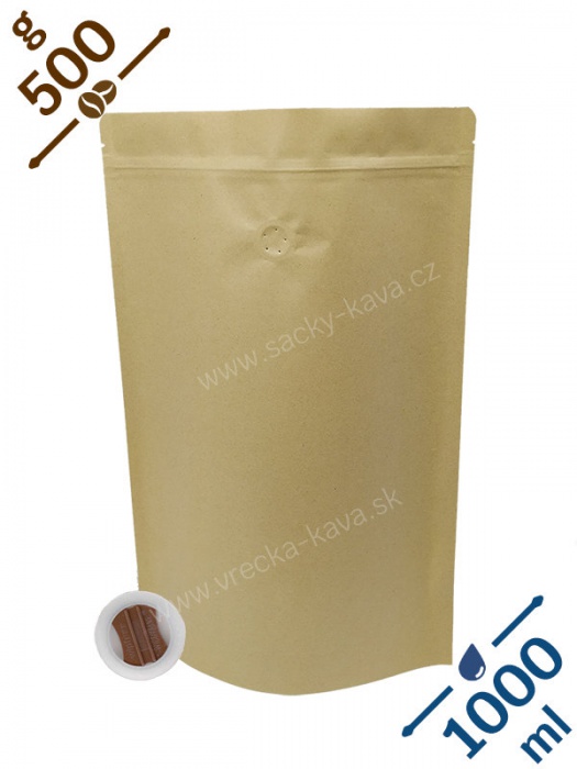 Vrecká na kávu se ZIPem a ventilem, 500g, přírodní hnědá, 180x300x100