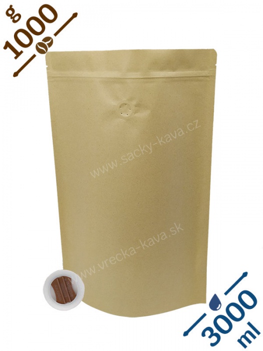 Vrecká na kávu se ZIPem a ventilem, 1kg, přírodní hnědá, 230x350x100