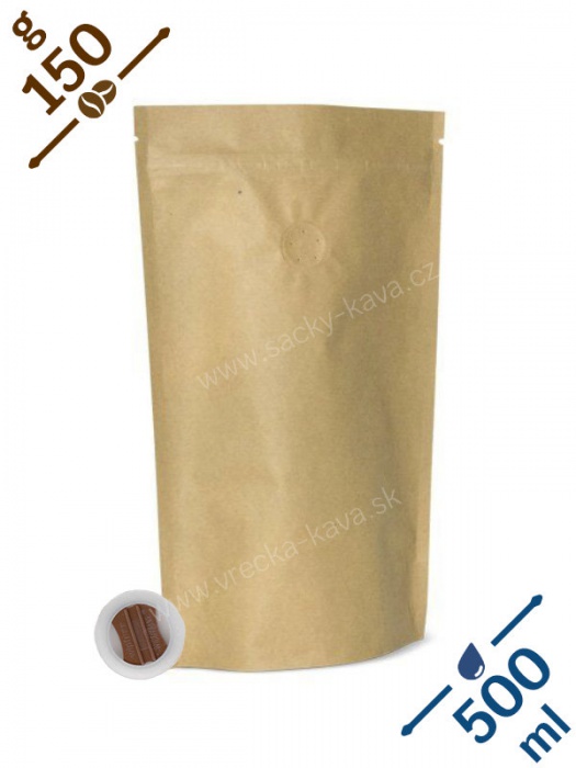 Vrecká na kávu se ZIPem a ventilem, 150g, přírodní hnědá, 130x200x64