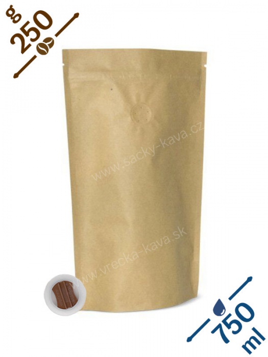 Vrecká na kávu se ZIPem a ventilem, 250g, přírodní hnědá, 140x240x80
