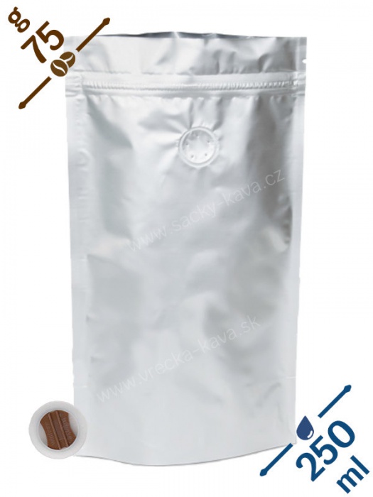 Vrecká na kávu se ZIPem a ventilem, 75g, stříbrné, 11x19x7