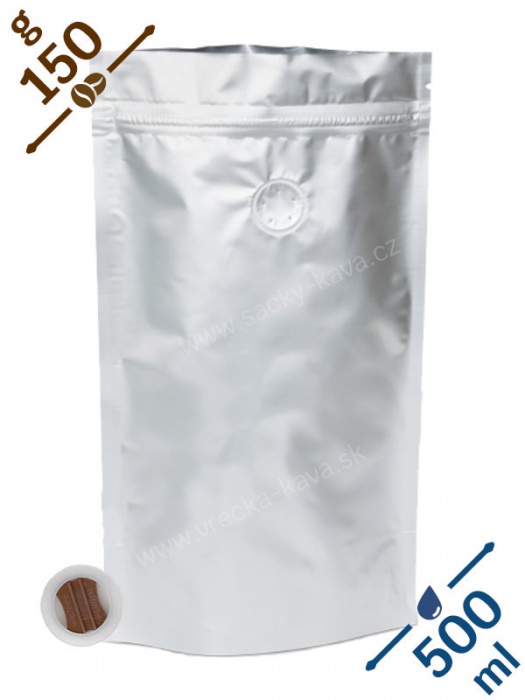 Vrecká na kávu se ZIPem a ventilem, 150g, stříbrné, 13x20x6