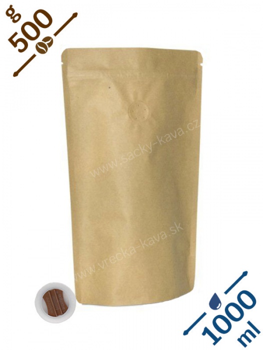 Vrecká na kávu se ZIPem a ventilem, 500g, papír natural, 18x30x10